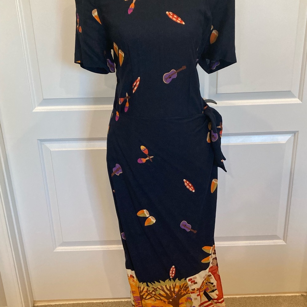 Vintage Wrap Dress Unique Drum Guitar Tribal Print Vtg Tie WNY w/ Shoulder Pads
